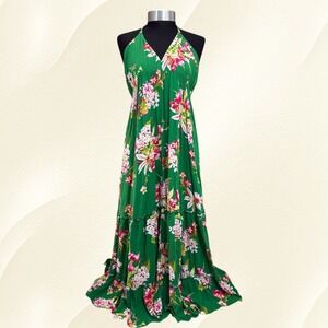 Express Halter Maxi Dress Green Floral Sleeveless‎  Bohemian 100% Rayon sz Small